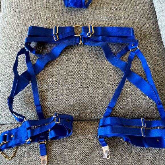 Honey Birdette Morgan Kukuro Electric Blue Set Small Medium Bra Panty Garter - Picture 13 of 13